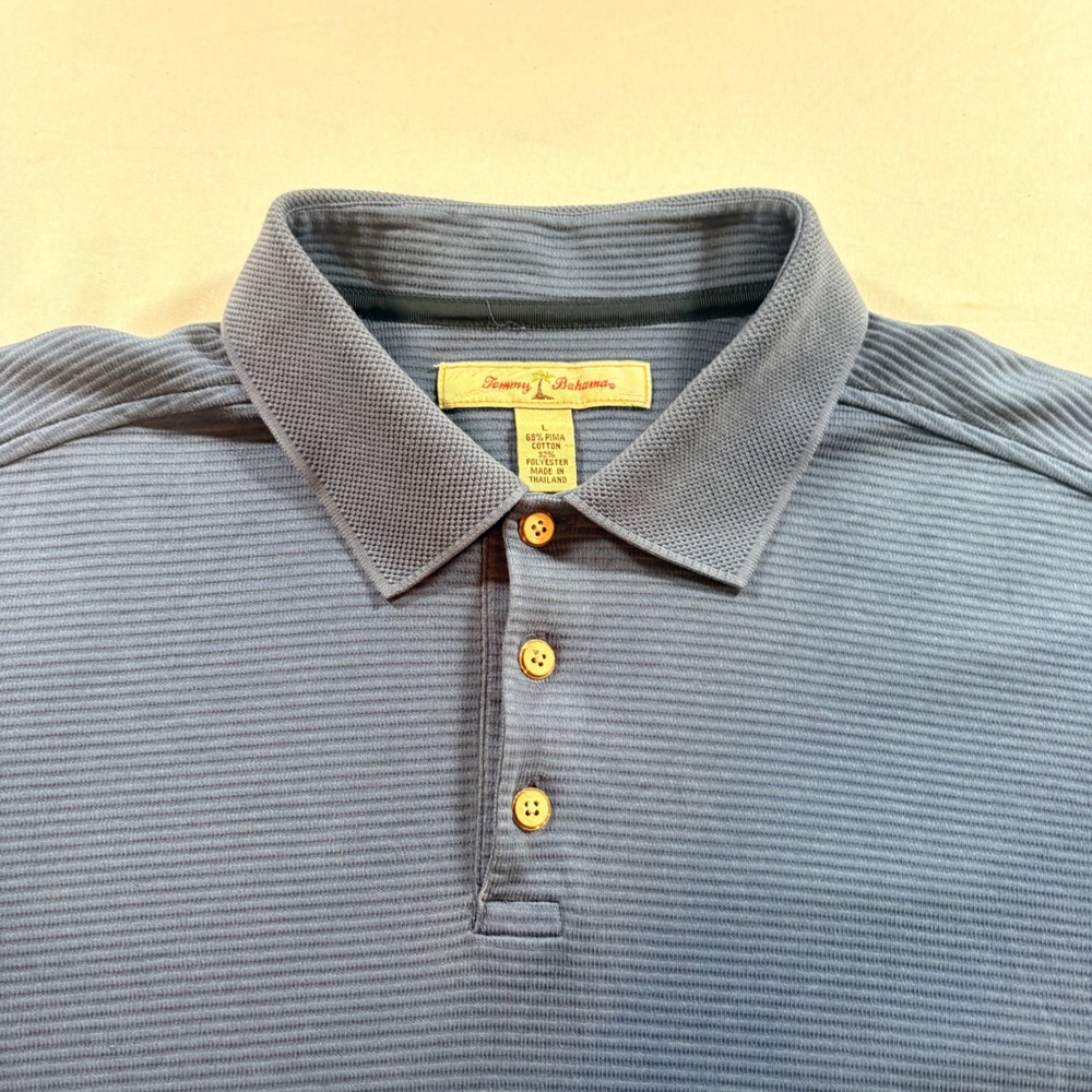 Tommy Bahama Polo Shirt Mens Large Blue Textured Pima Cotton Blend Short Sleeve
